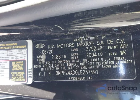 2020 Kia Forte Lxs z USA, uszkodzony, nr VIN 3KPF24AD0LE257491